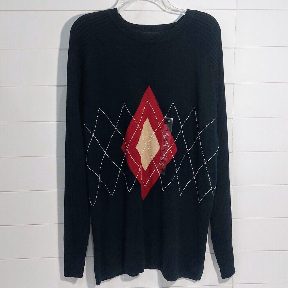 NEW Claiborne Men's Argyle Sweater Size XL Black Red Academia Golf Vintage